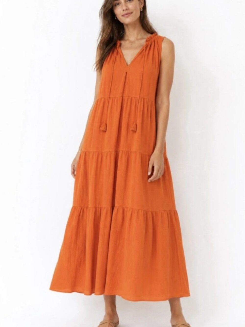 Max Studio Tiered Midi Dress Sz XS/S Tangerine Soft Comfort